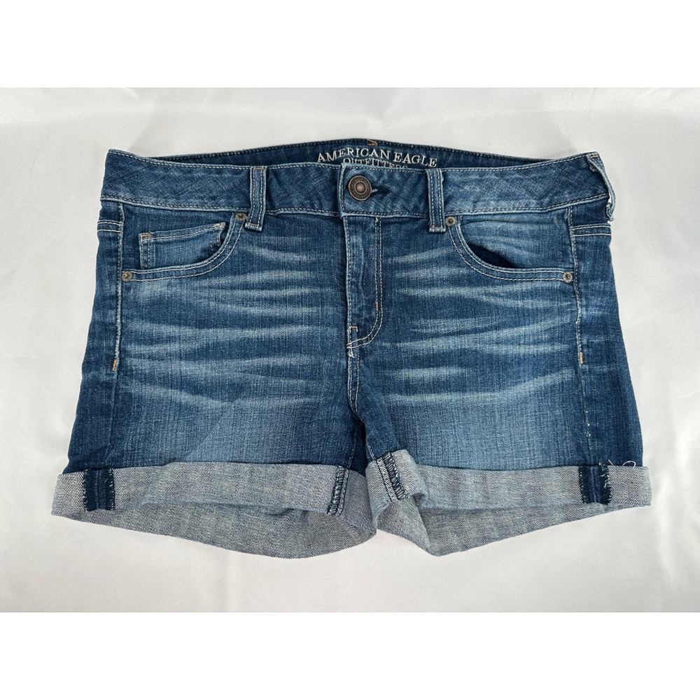American Eagle Denim Shorts Womens 10 Blue Stretch Cuffed Medium Wash Whiskered